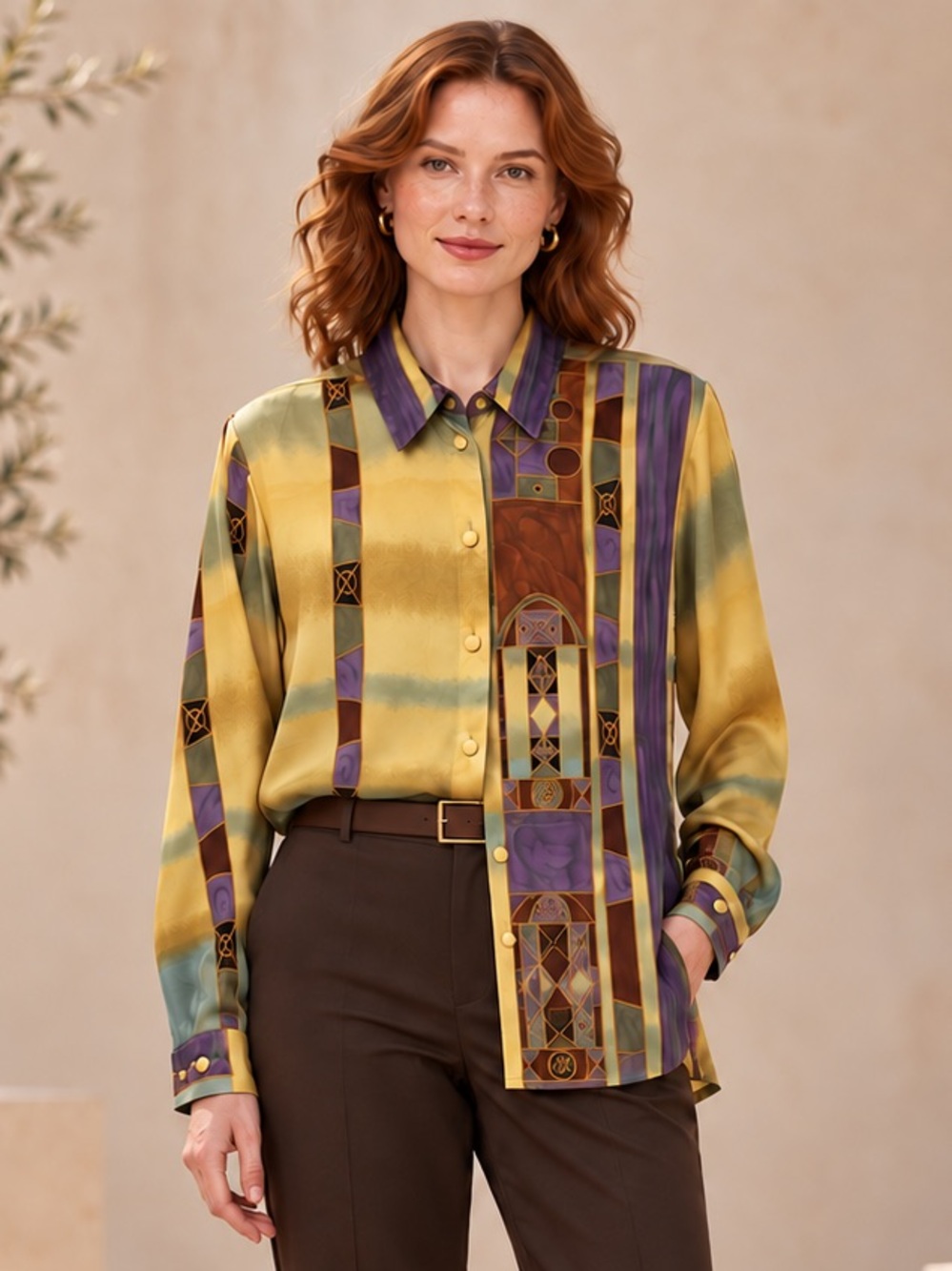 Vintage Beverly Rose USA Abstract Geometric Print Button Down Blouse
